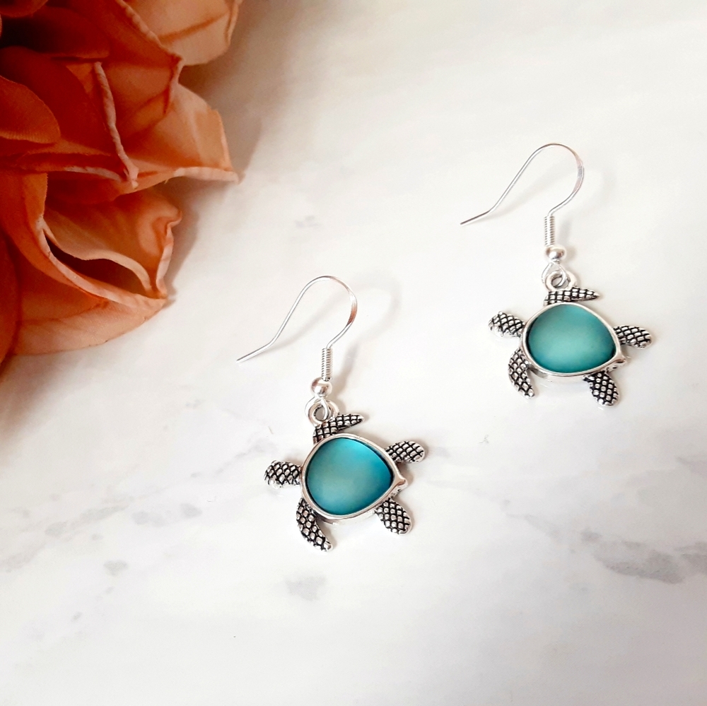 Surfing Sea Turtle Ocean Blue Earrings